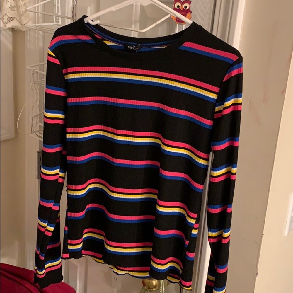 Striped long-sleeve lettuce-edge top